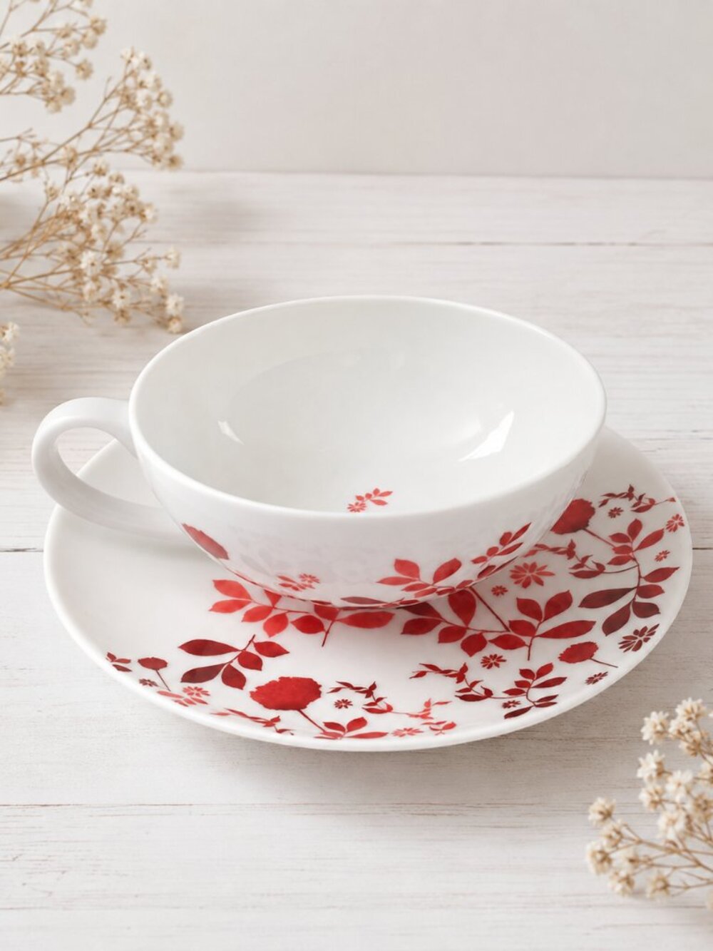 DAVIDsTEA Red Floral Tea Cup & Saucer Set | White Porcelain Tea Set | 6.5" Plate